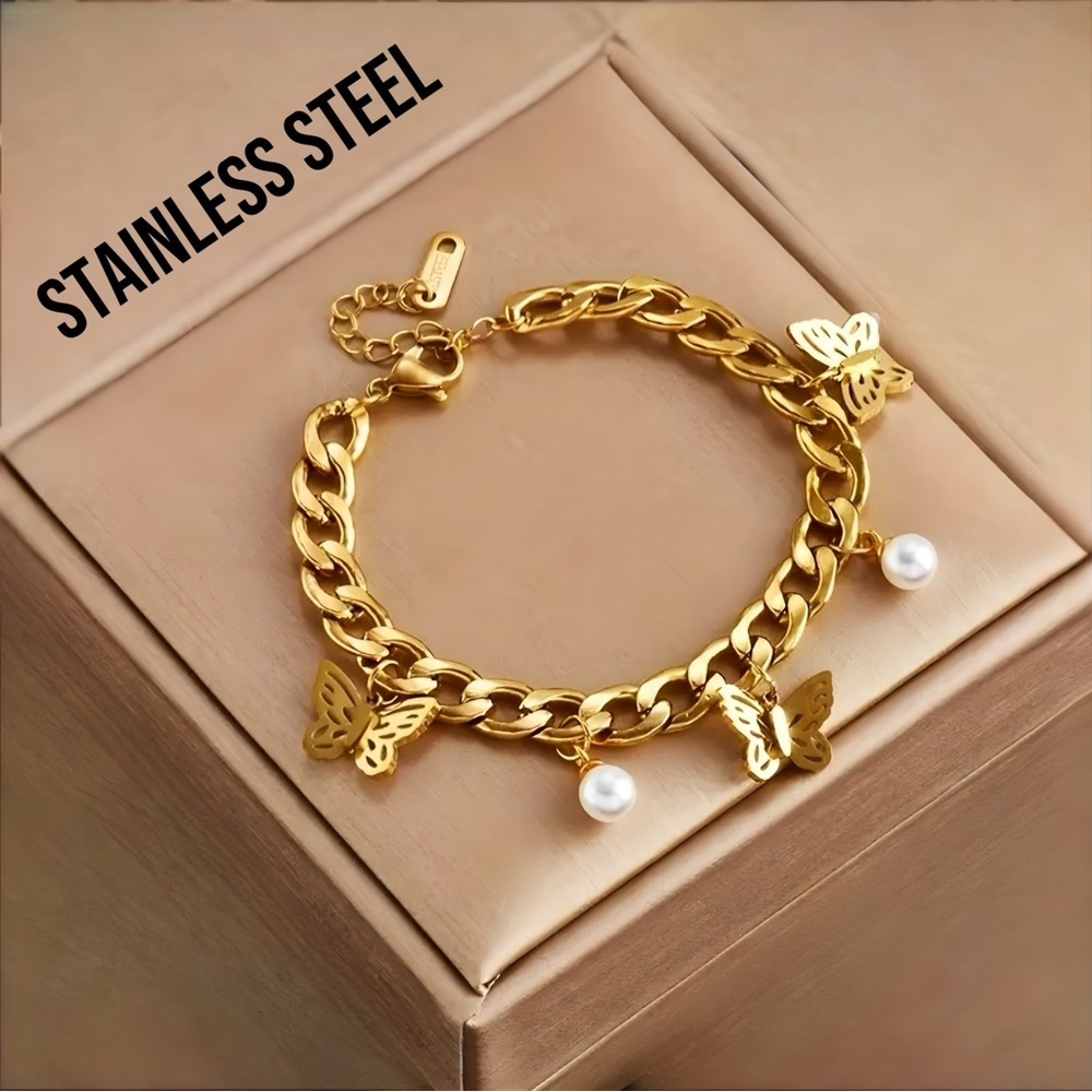 Stainless Steel Gilded Bracelet w/ Butterfly Pearl Pendant (BOXED)